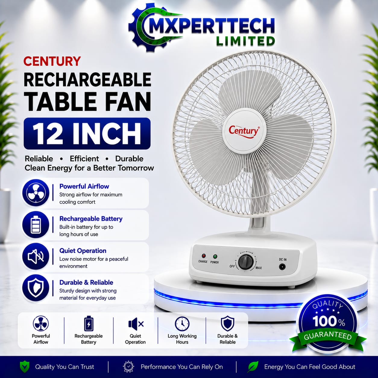 Century Rechargeable Table Fan 12 Inch
