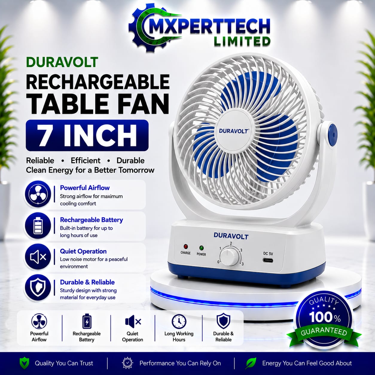 Duravolt Rechargeable Table Fan 7 Inch